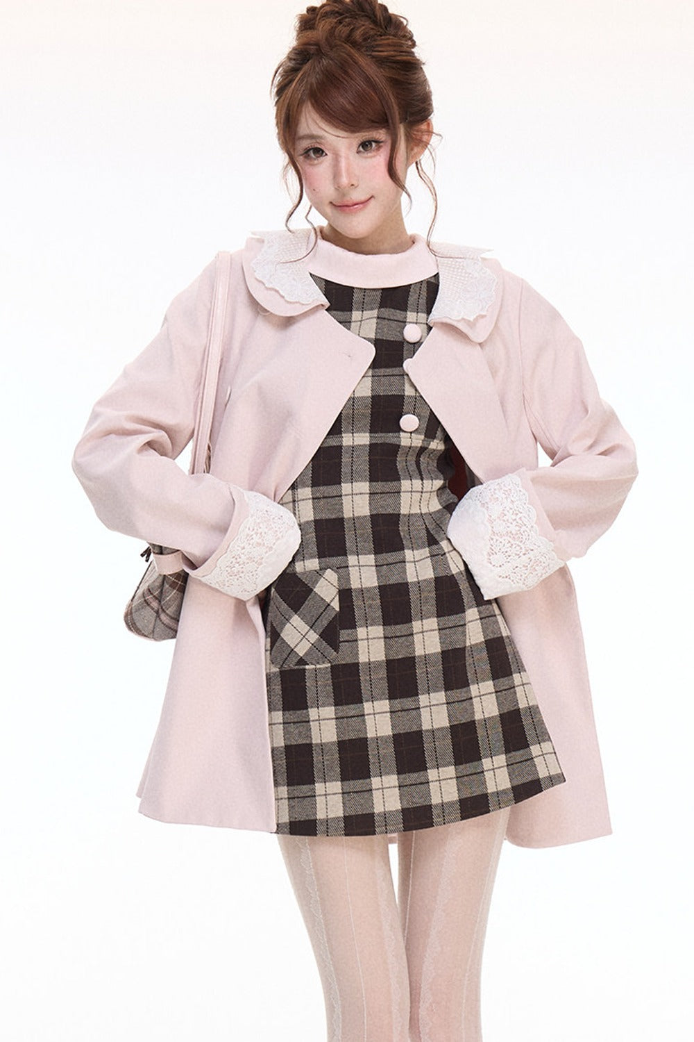 Double-Breasted Trench Coat and Plaid Dress Set-Up