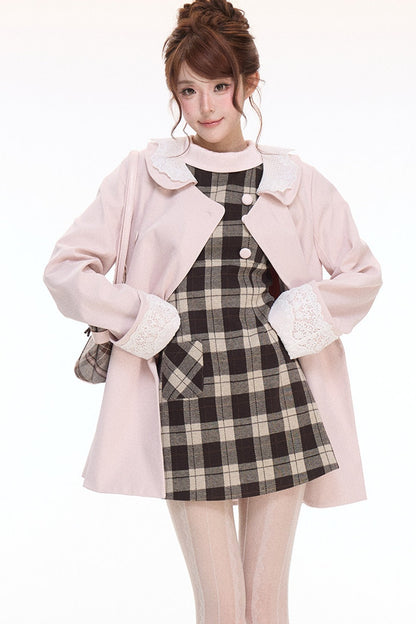 Double-Breasted Trench Coat and Plaid Dress Set-Up