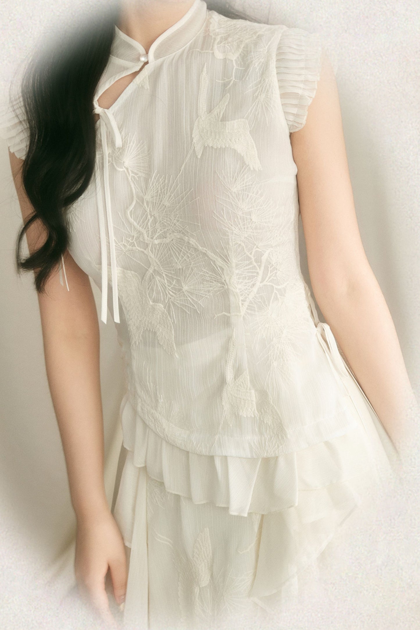 Embroidered Cheongsam Top and Ruffled Skirt Set-Up
