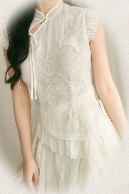 Embroidered Cheongsam Top and Ruffled Skirt Set-Up