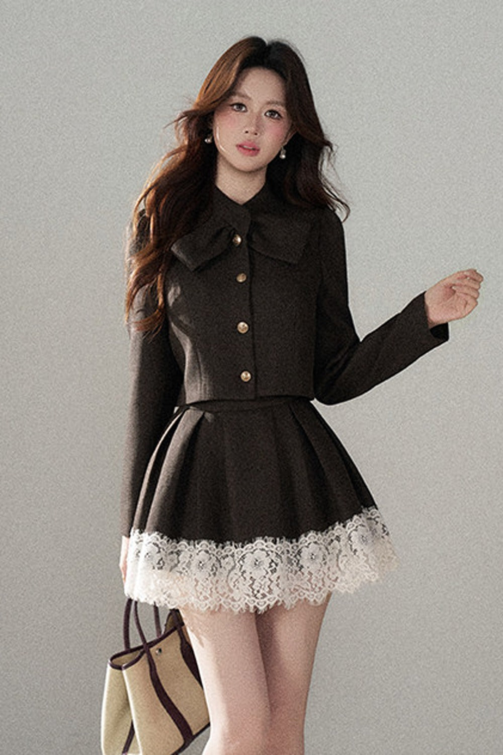 Coffee Lace Splicing Jacket and Skirt Set-Up