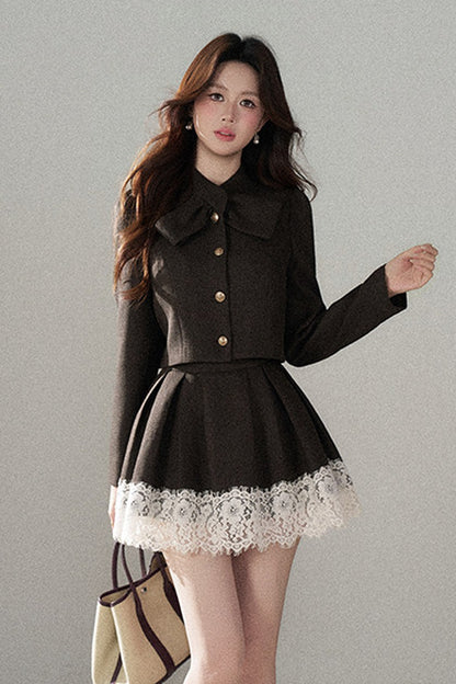Coffee Lace Splicing Jacket and Skirt Set-Up