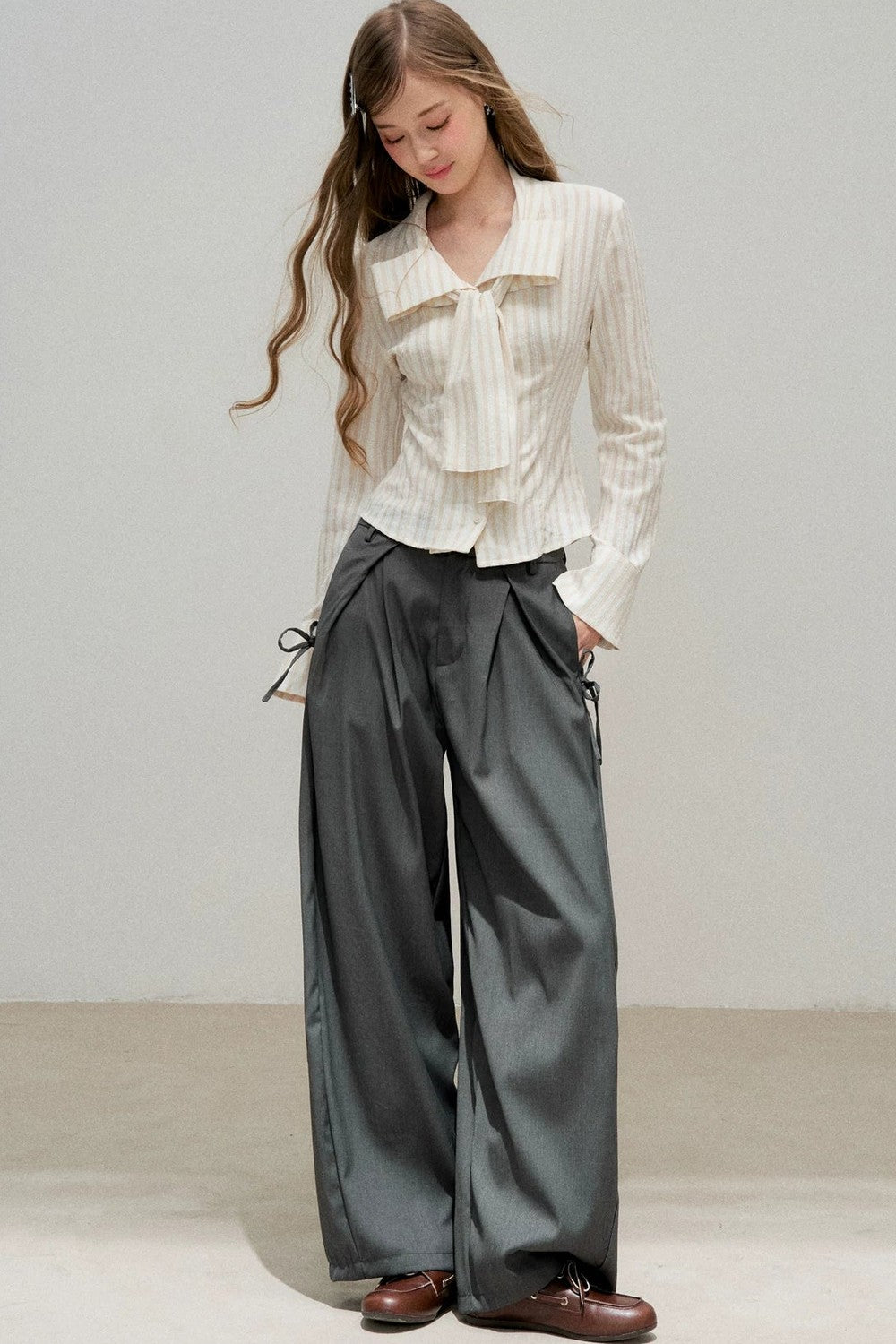 Three-Dimensional Bow Striped Blouse