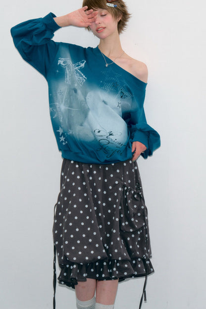 Rabbit Print Lantern Sleeve Off-Shoulder Sweatshirt