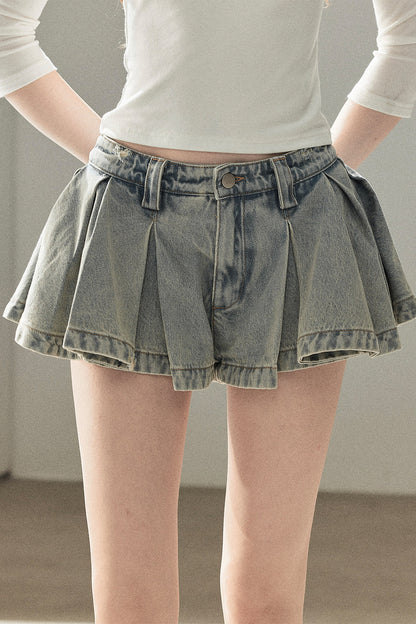 A-Line Pleated Denim Skirt