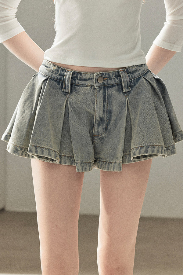 A-Line Pleated Denim Skirt