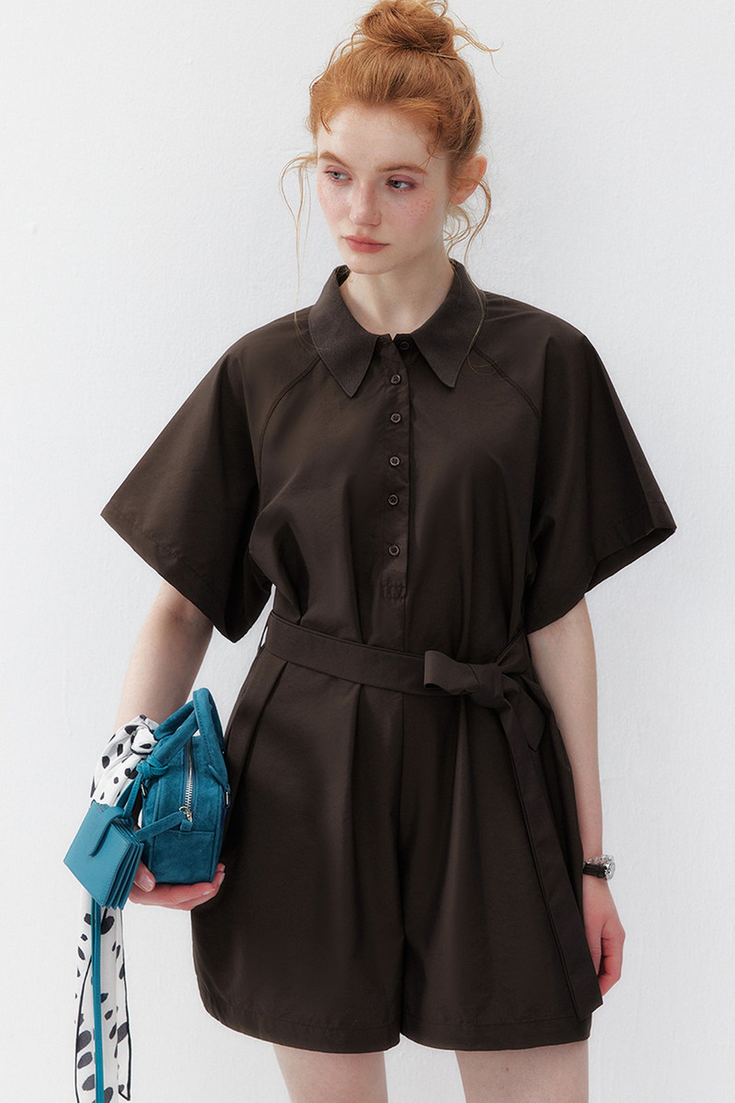 Dark Brown Lapel Wide-Leg Jumpsuit
