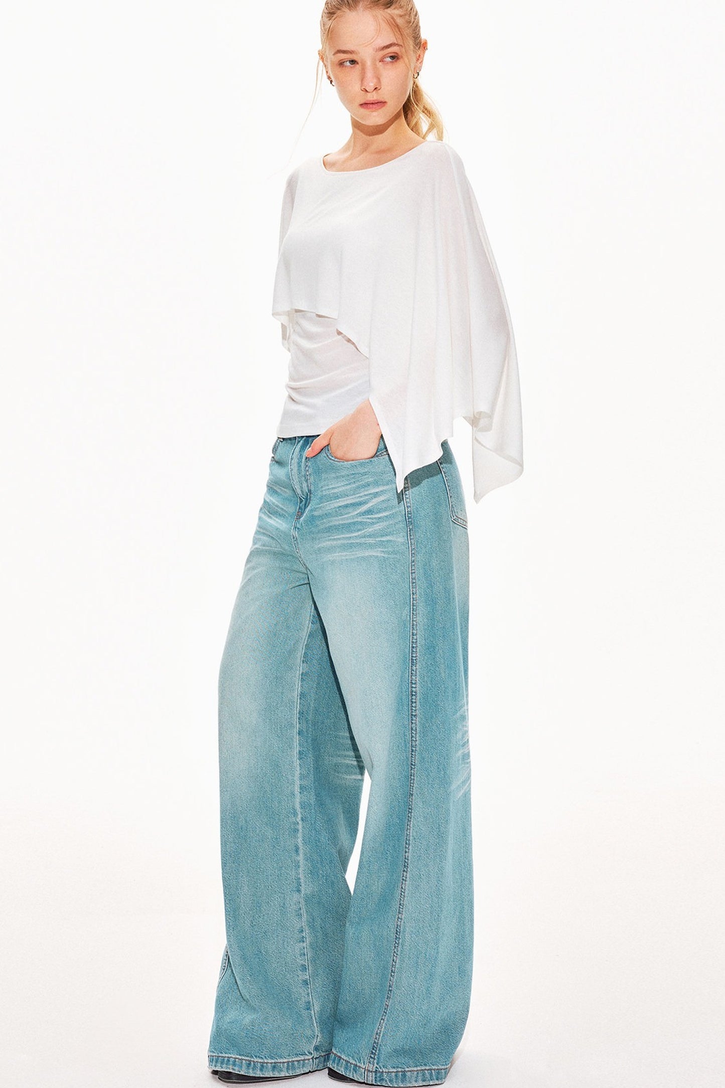 Washed Denim Wide-Leg Pants