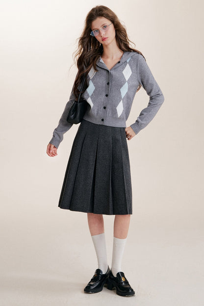 Cardigan con cappuccio a maniche lunghe, monopetto e fantasia a rombi