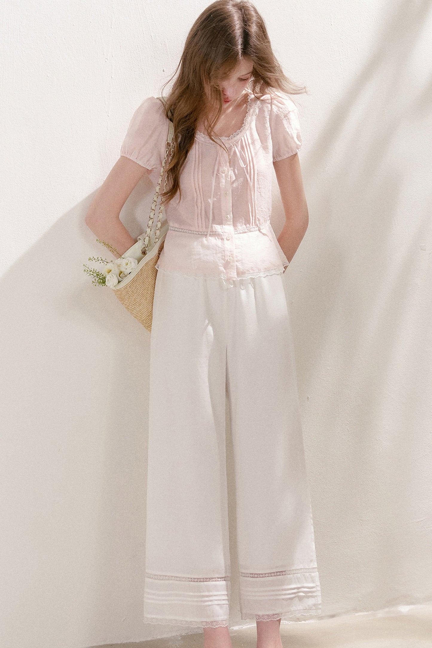 Tencel Linen Straight Leg Cropped Hollow Lace Pants
