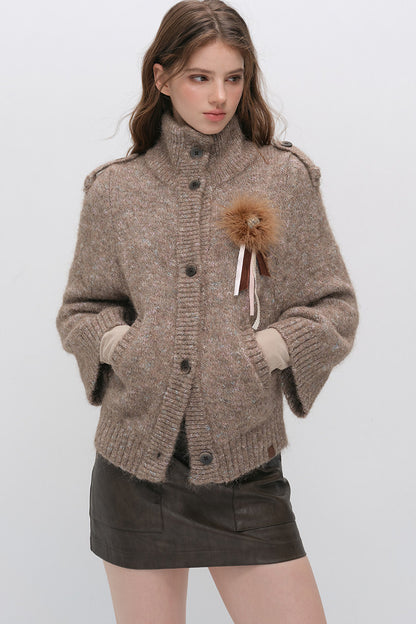 Stand Collar Corsage Knit Cardigan