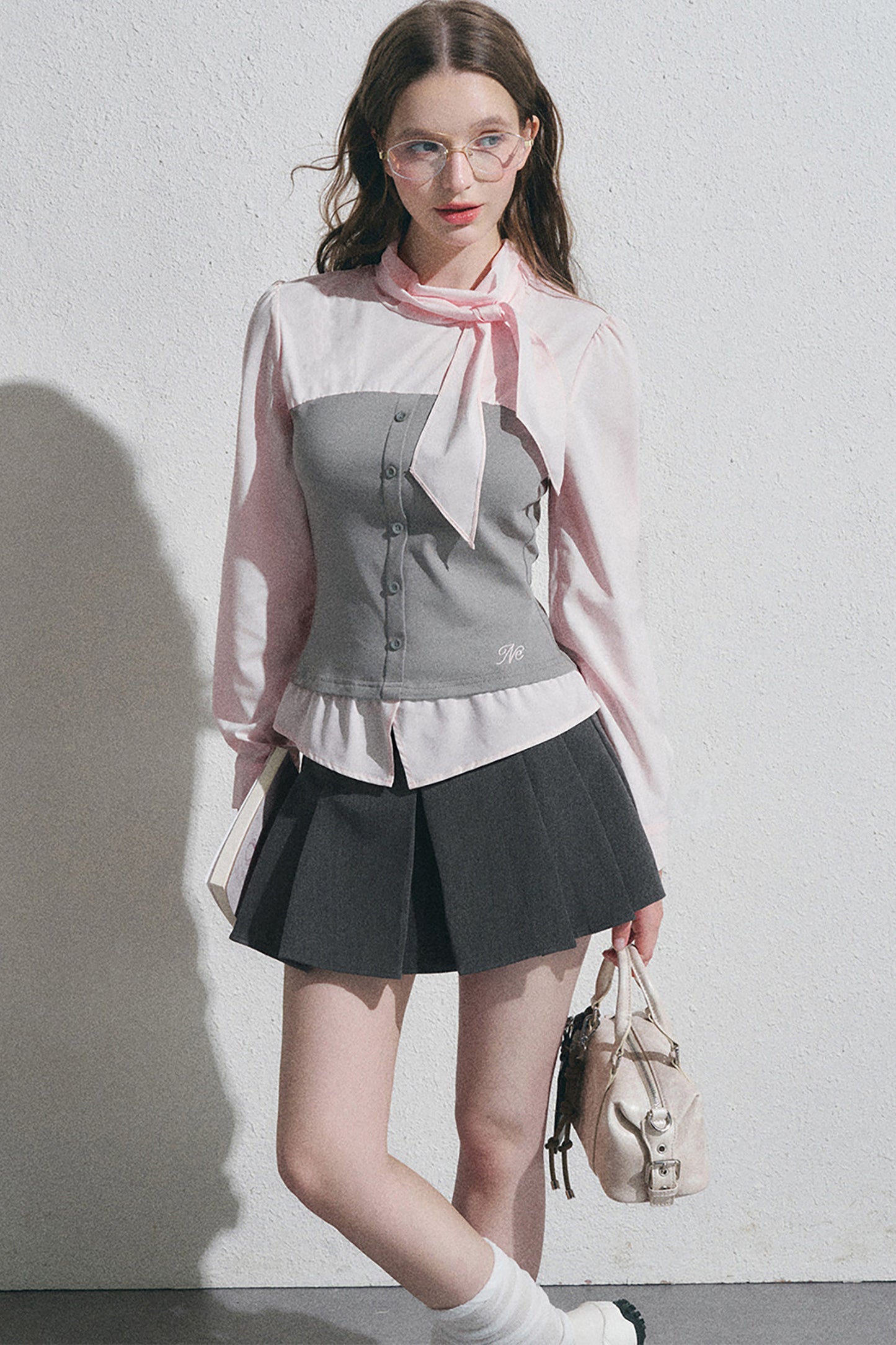 Bow Tie Spliced Shirt and Pleated Mini Skirt Set-Up
