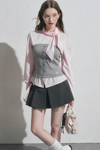 Bow Tie Spliced Shirt and Pleated Mini Skirt Set-Up