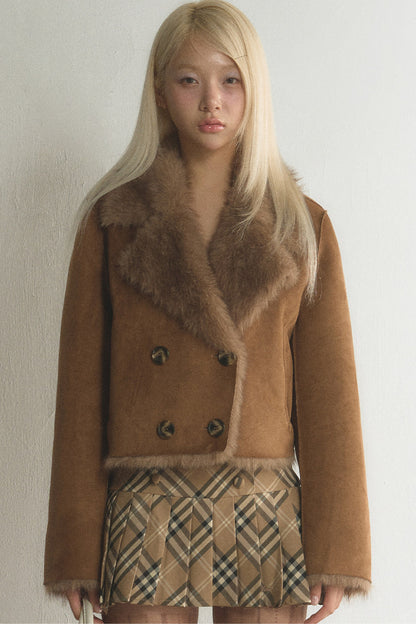 Suede Fur Collar Double-Breasted Jacket With Skirt Set-Up
