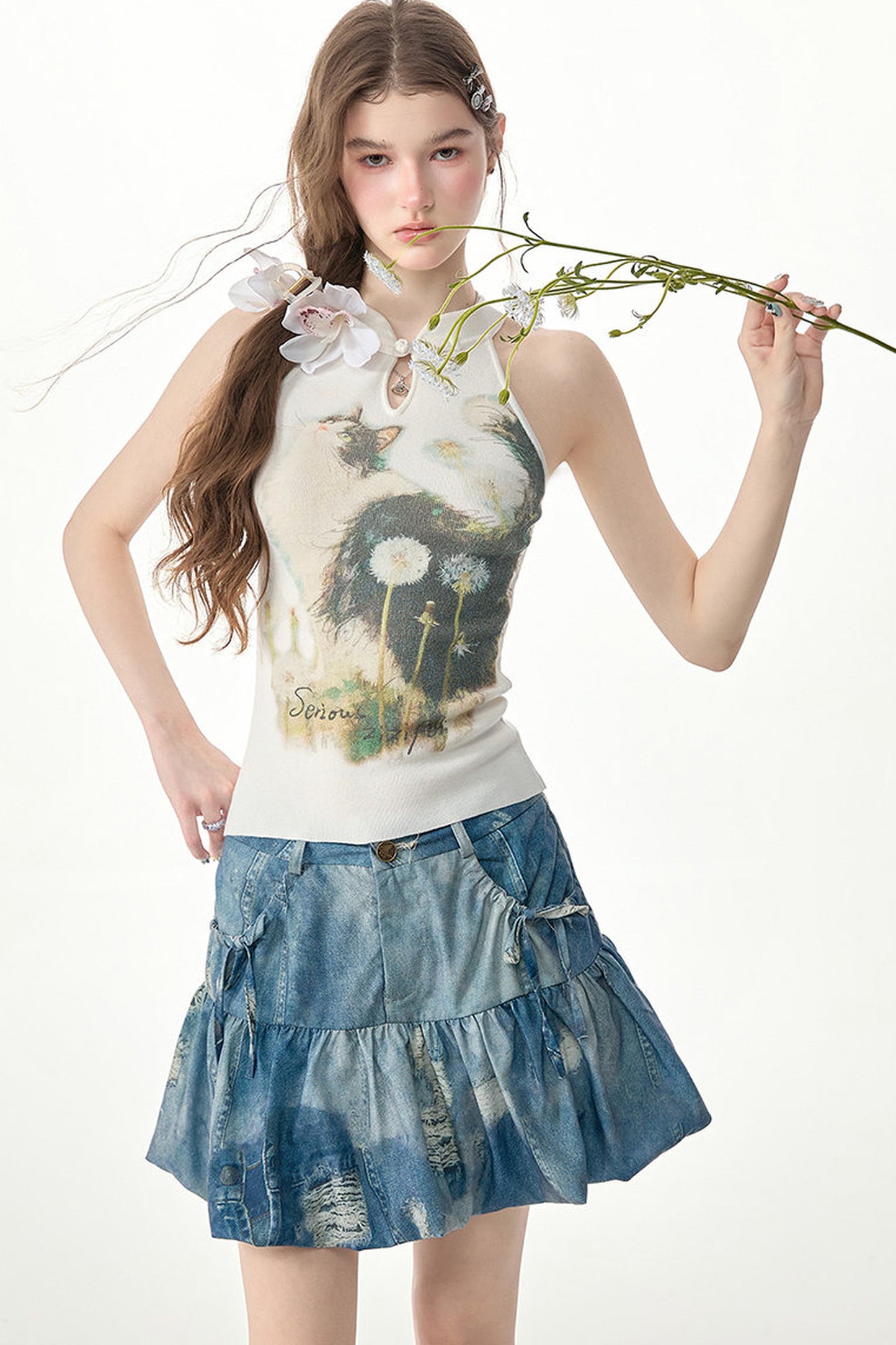 White Knit Cat Print Halter Top