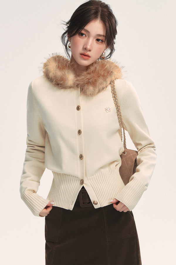 Detachable Fur Collar Embroidered Knit Jacket