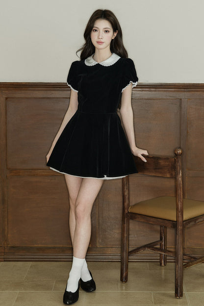 Lace Collar Velvet Puff Sleeve Dress
