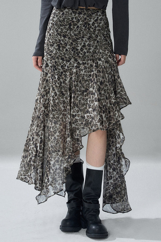 Asymmetrical Leopard Print Chiffon Skirt