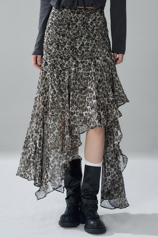 Asymmetrical Leopard Print Chiffon Skirt