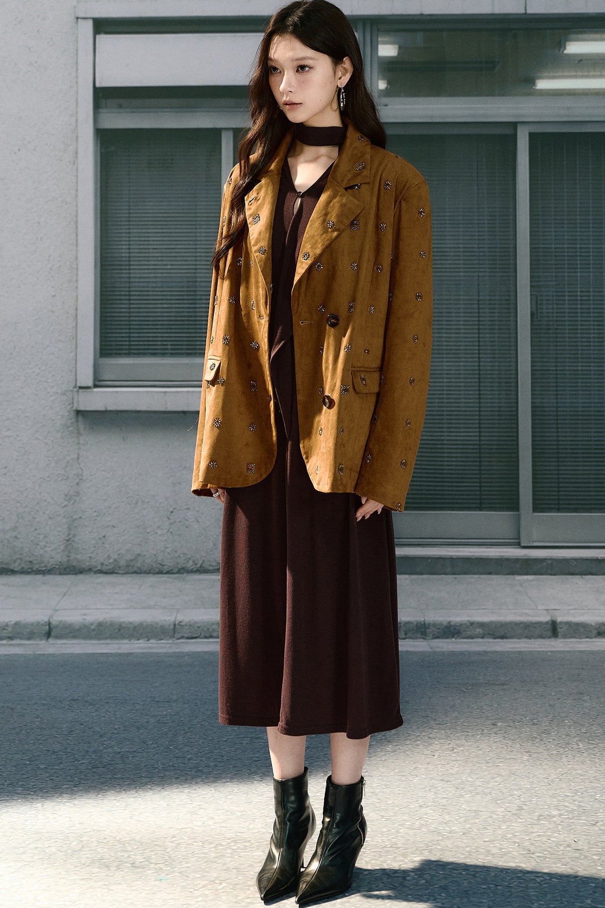 Beaded Suede Detachable Fur Collar Jacket