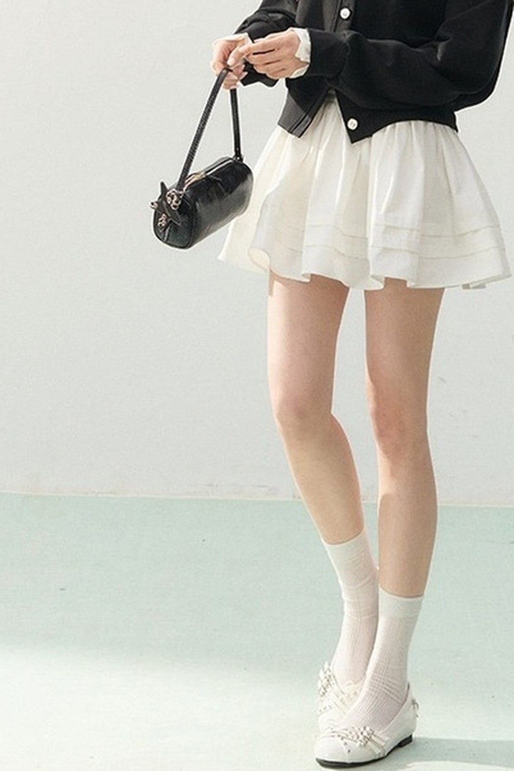 Collar Knit Cardigan and Pleated Skirt Set-Up