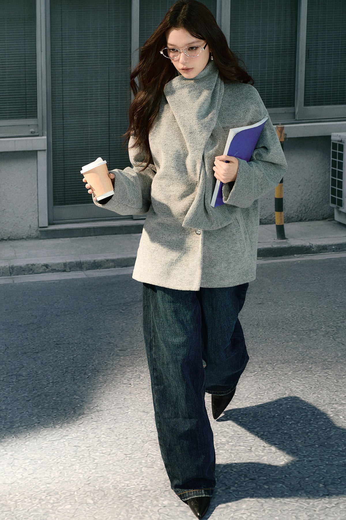 Asymmetrical Scarf Collar Woolen Jacket