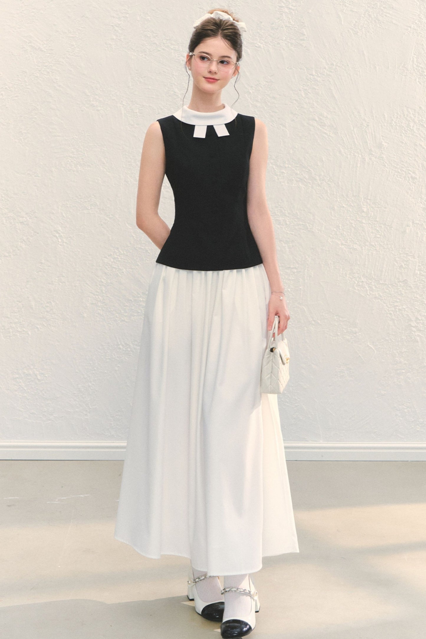 White Pleated A-Line Long Skirt
