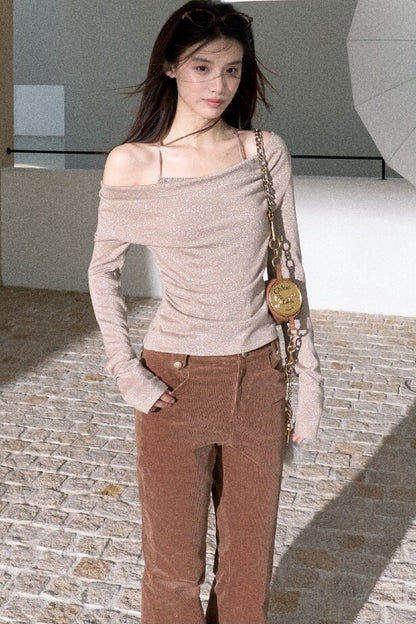 High-Waisted Corduroy Flared Belt Loops Pants