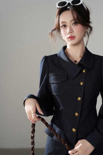 Asymmetrical Lapel Blue Top and Pants Set-Up