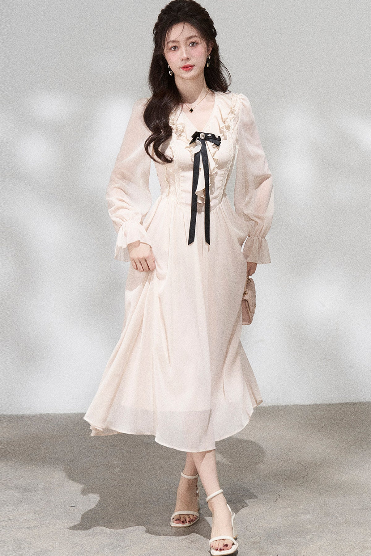 Ruffled V-Neck Long Dress
