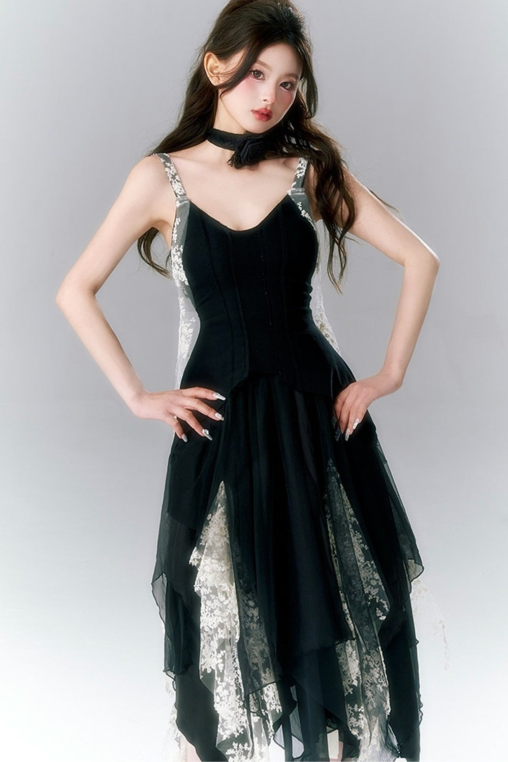 Französisches Gothic-Trägerkleid-und-Rock-Set