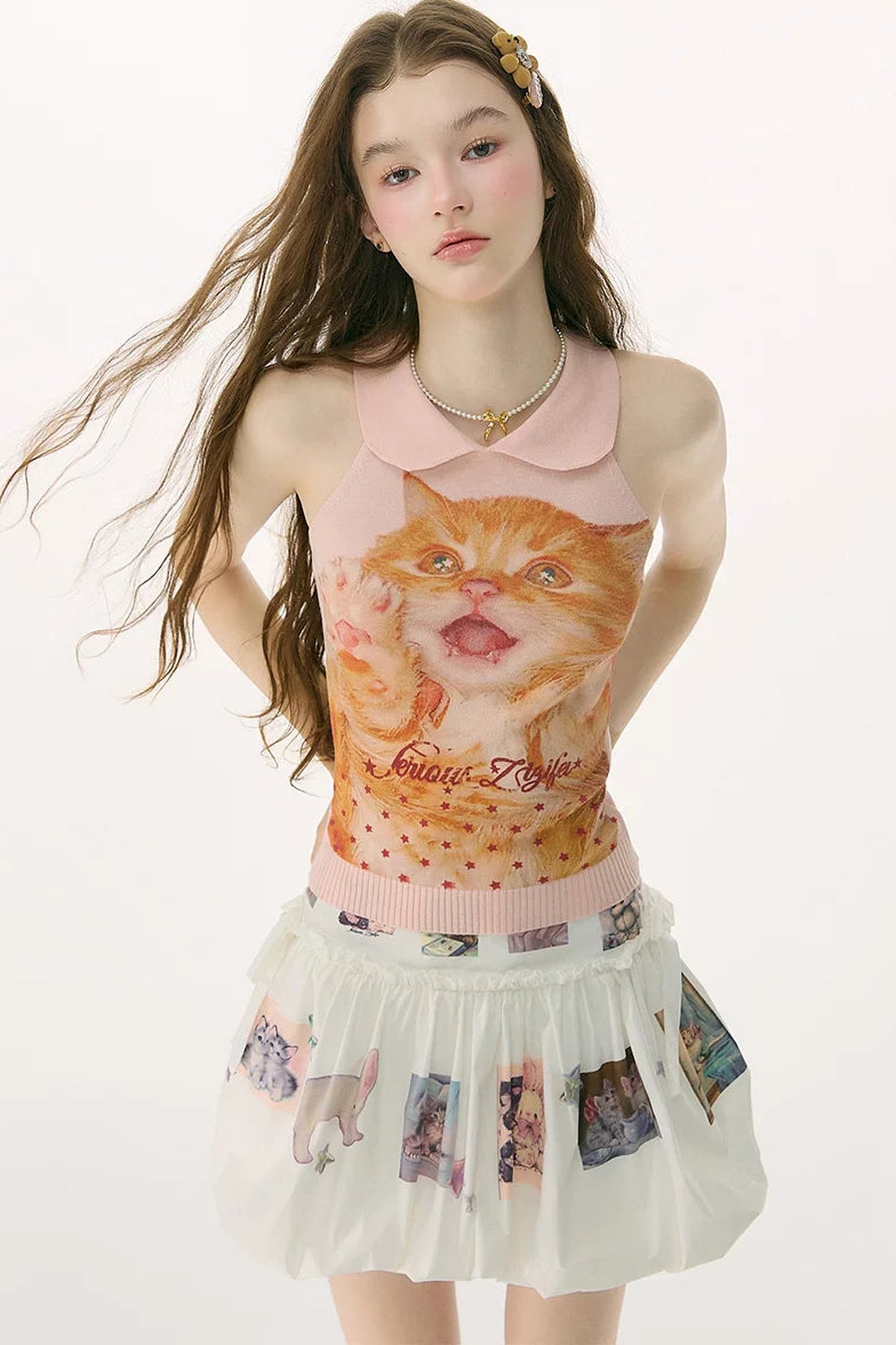 Retro Cat Print Knitted Vest