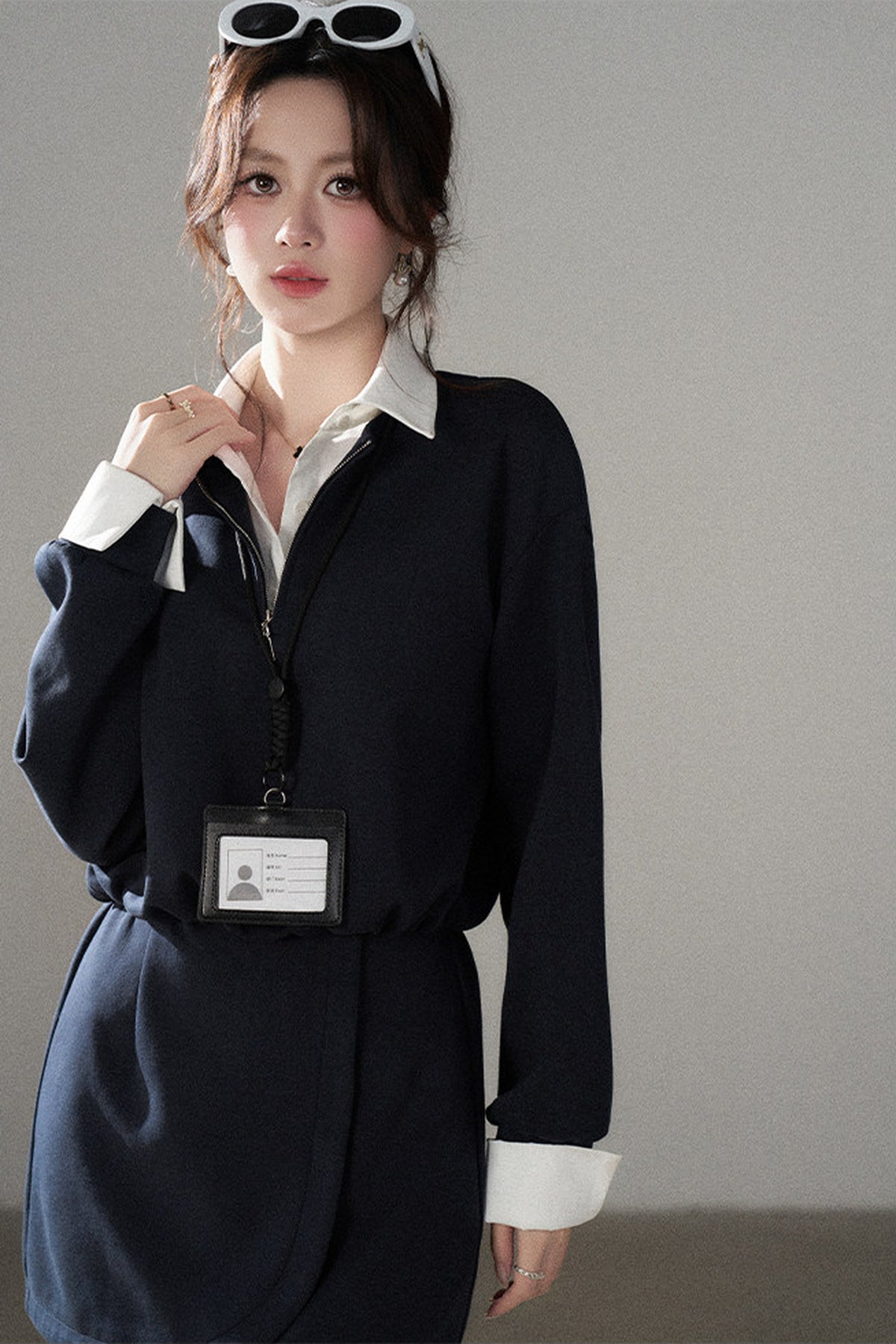 Layered-Look Polo Collar Sweatshirt Dress