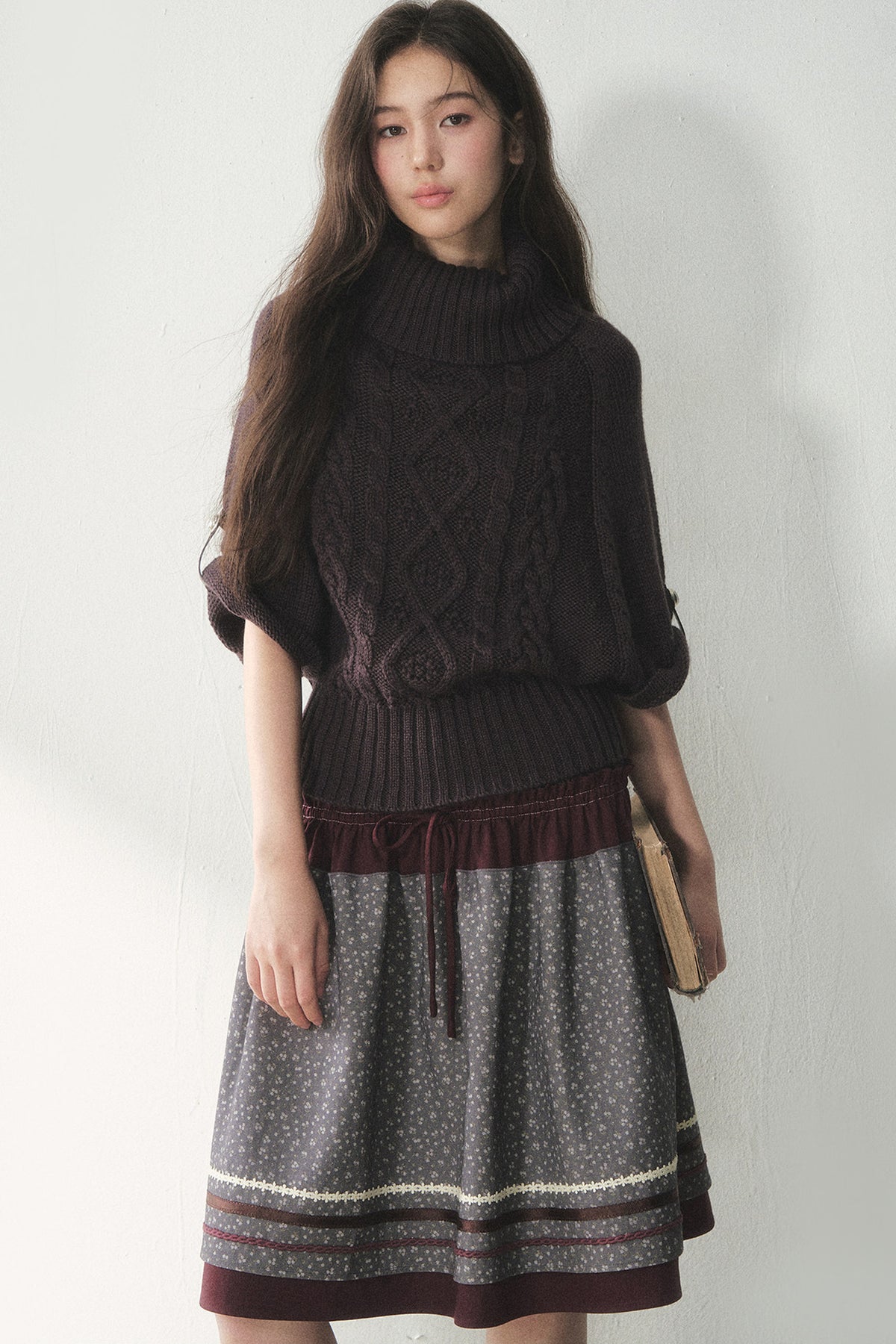 Berry Purple High-Neck Wool Knit Cape