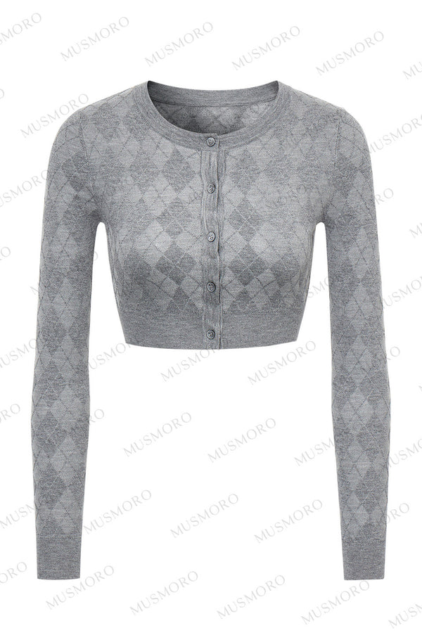 Grey Argyle Knit Cardigan With Camisole Set-Up