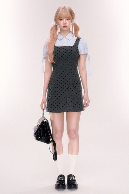 Blue Short-Sleeved Bow Puff Sleeve Shirt