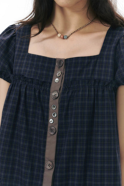 Plaid Puff Sleeve Babydoll Dress