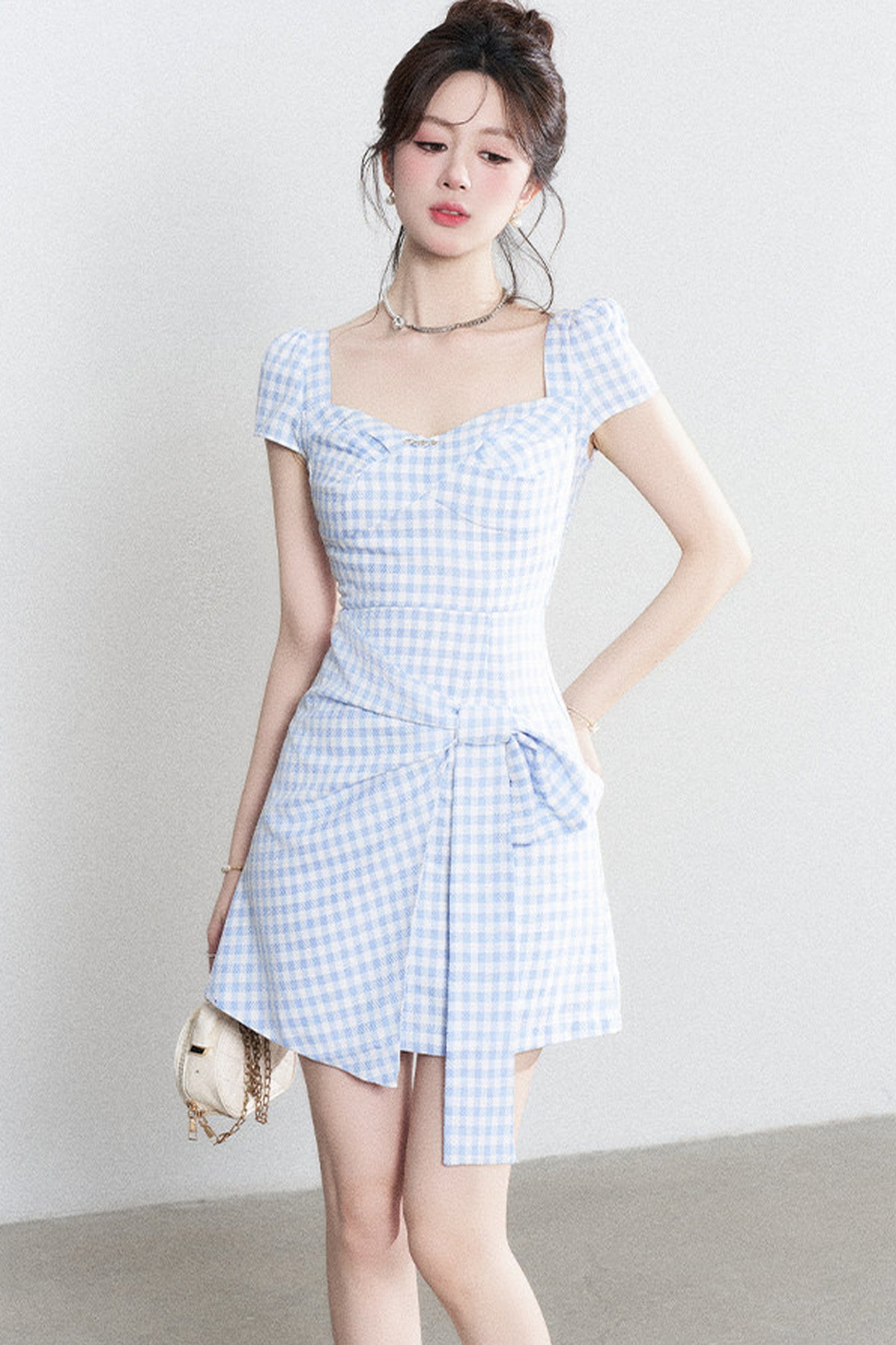 Blue Plaid Square Neck Irregular Dress
