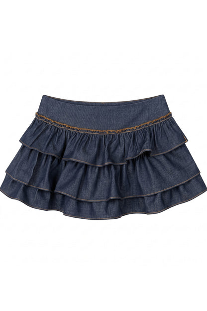 Completo estivo in finto denim con blusa e gonna