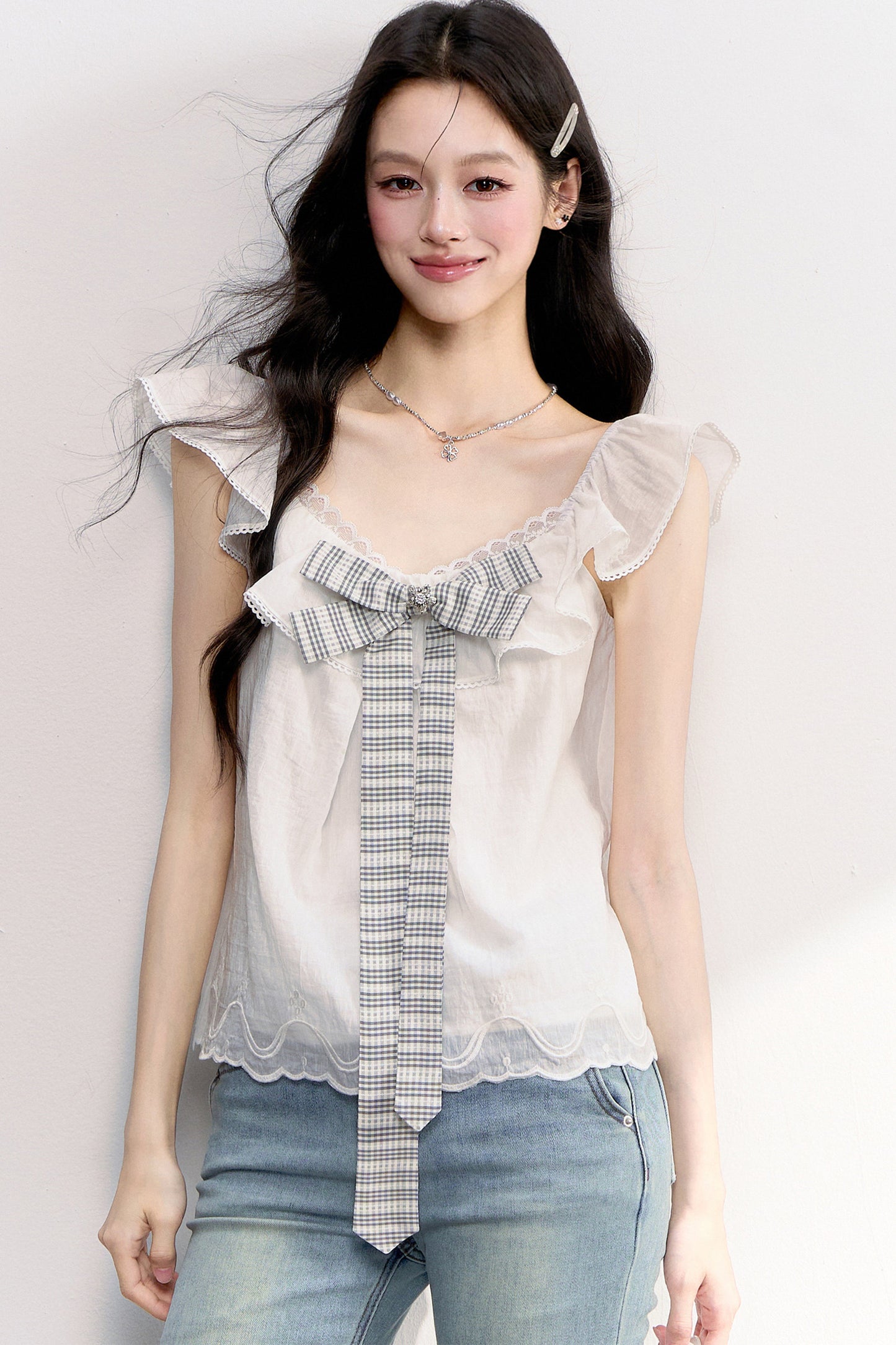 White Plaid Bow Flutter Top