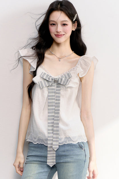 White Plaid Bow Flutter Top