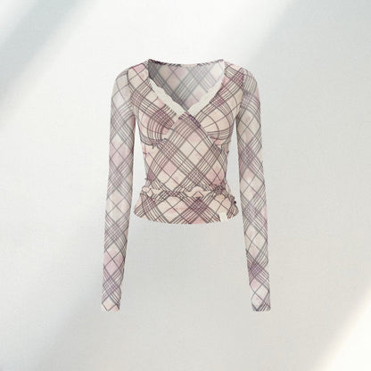 Plaid Lace-Trimmed Blouse
