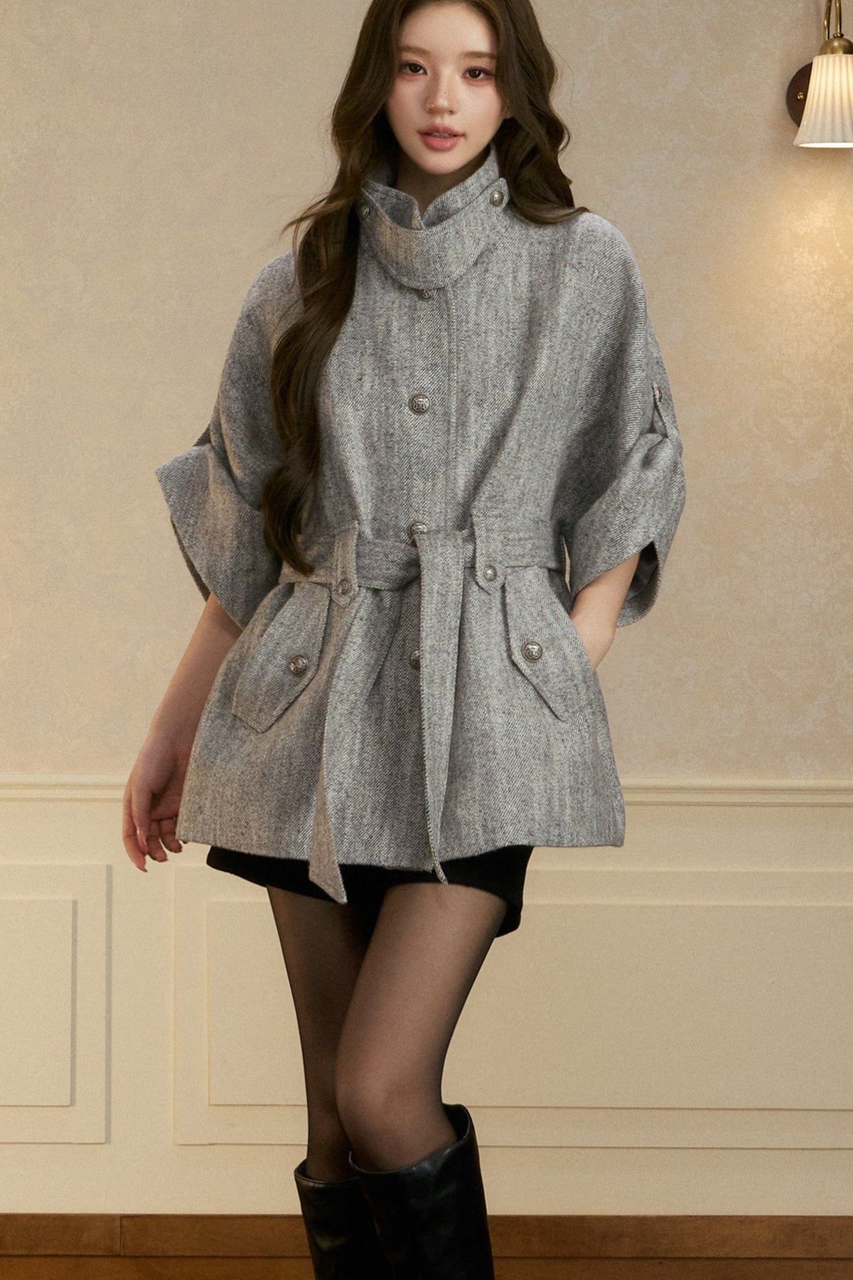 Stand Collar Batwing Wool Cape Jacket