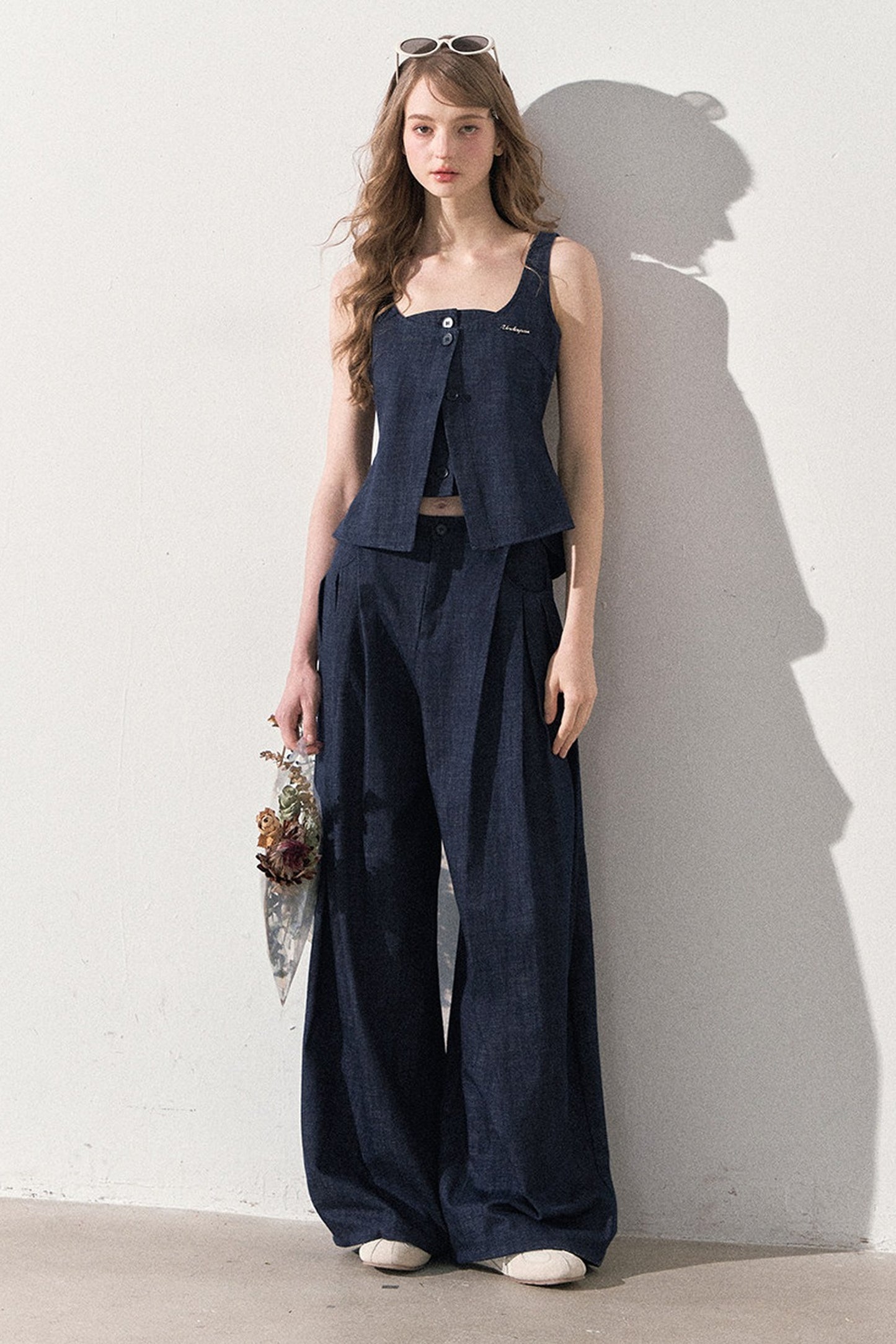 Layered-Look Faux Denim Vest and Wide Leg Pants Set-Up