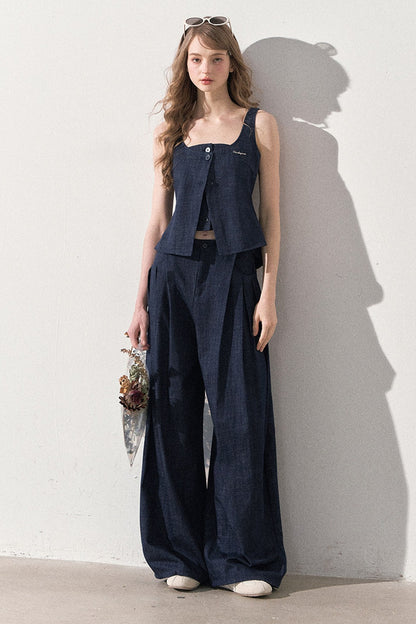 Layered-Look Faux Denim Vest and Wide Leg Pants Set-Up