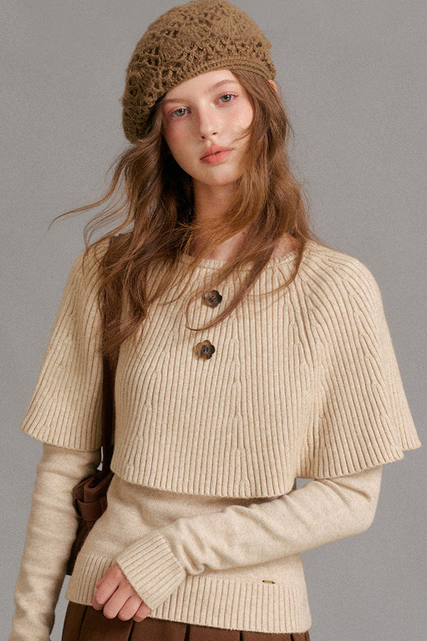 Floral Button Ribbed Cuff Cape Sweater Set