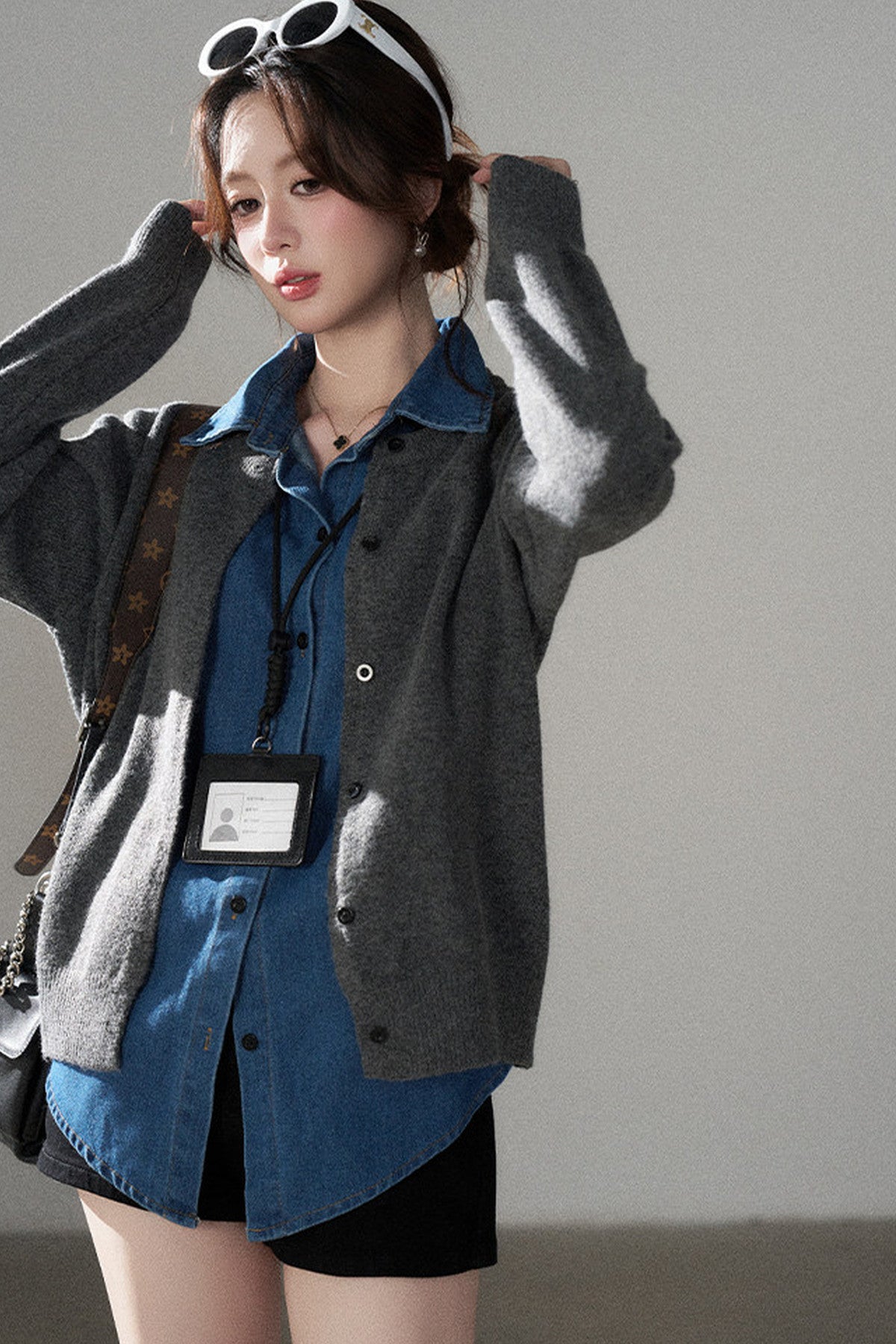 Layered-Look Denim Collar Sweater