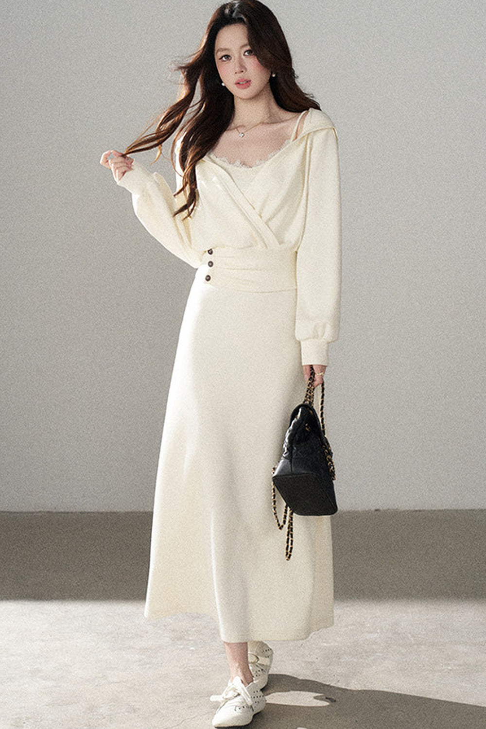 Apricot Flared Lace Dress and Hooded Sweatshirt