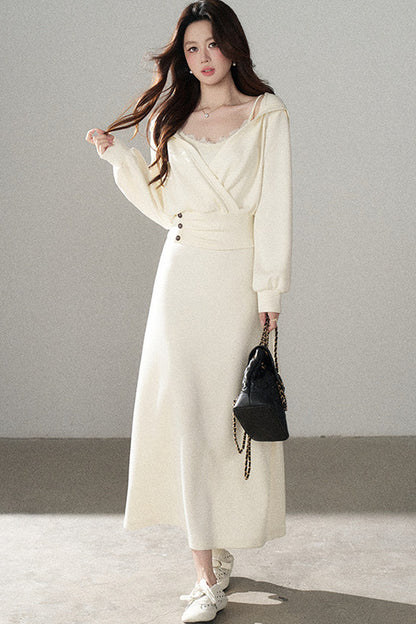 Apricot Flared Lace Dress and Hooded Sweatshirt