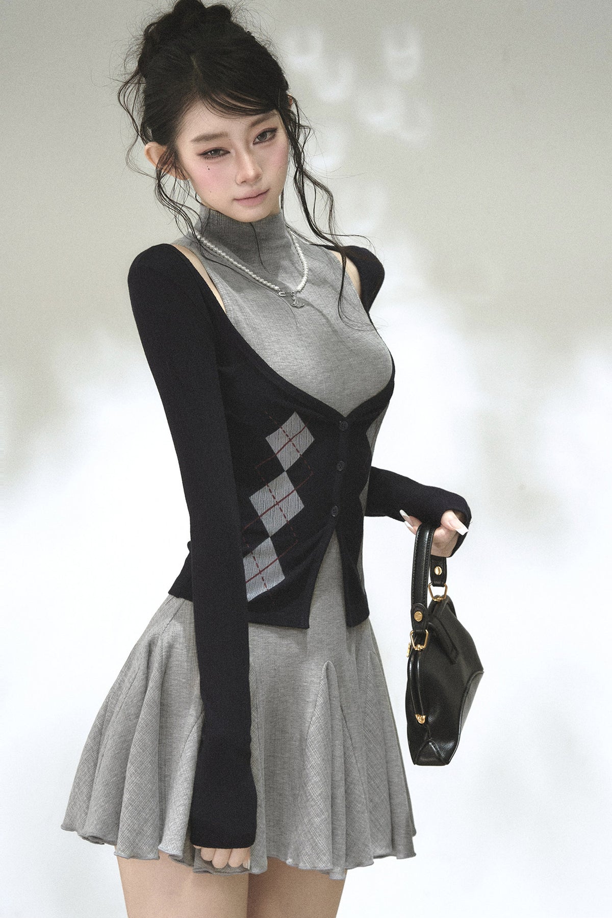 Vertical Striped Diamond Knit Cardigan and Ruffled Dress Set-Up